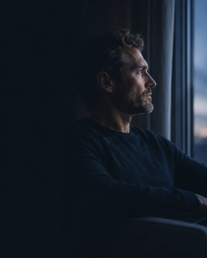 Diskrete Portraitszene am Fenster als Referenz für Männergesundheit