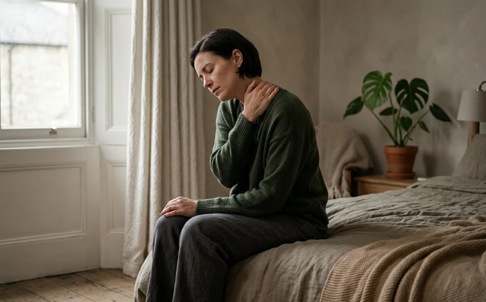 Frau mit Schulter- und Nackenschmerzen, Cannabistherapie bei Fibromyalgie