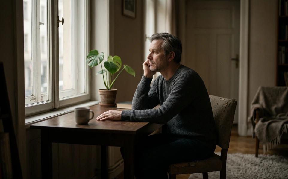 Niedergeschlagener Mann am Fenster, Cannabistherapie bei Depression