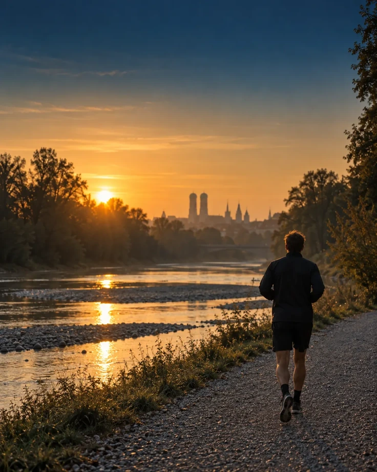 Abnehmspritze München: Läufer im Gegenlicht an der Isar, im Hintergrund die Türme der Frauenkirche